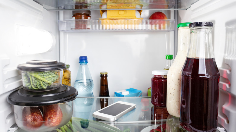 Misplaced smartphone left behind in the refrigerator.
