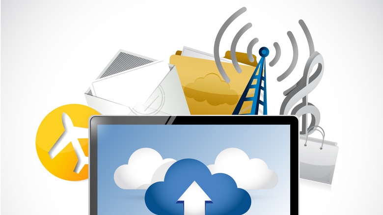 Rendered graphic of laptop screen broadcasting media over the cloud