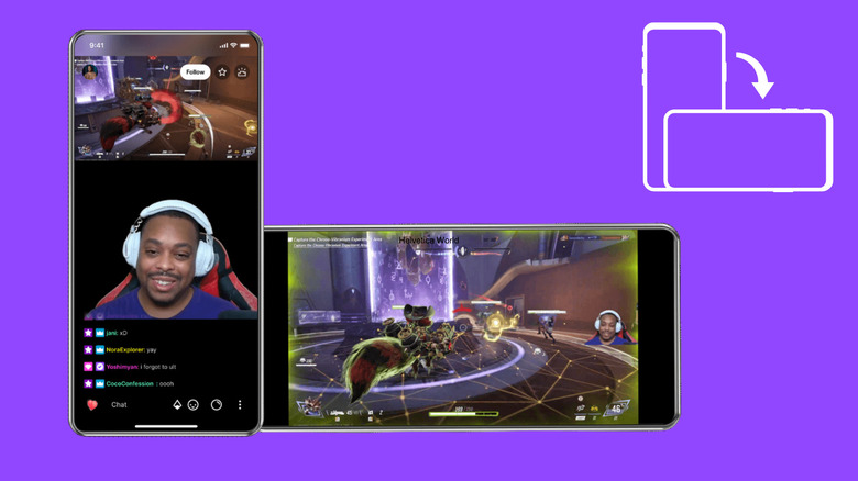 Twitch's Dual Format feature shown, with an upright smartphone displaying a stream in the vertical format, and a second phone displaying the horizontal format