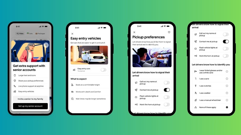 Illustration of new features in the Uber mobile app for senior riders.