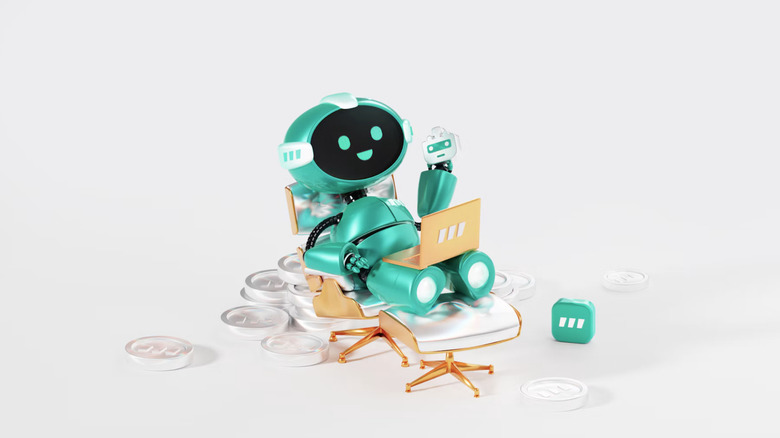 A robot lounges in a chair and collects money.