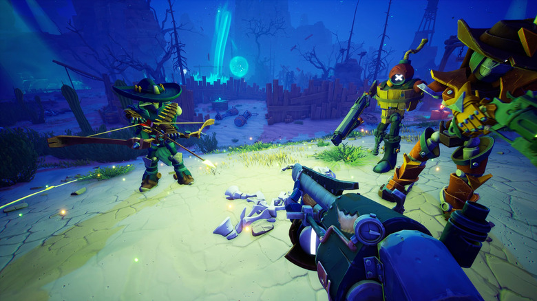 A trio of robot cowboys in Far Far West