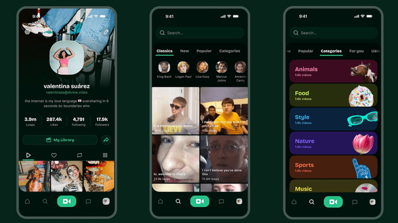 Composite of screenshots of Divine, a successor to short-form video app Vine