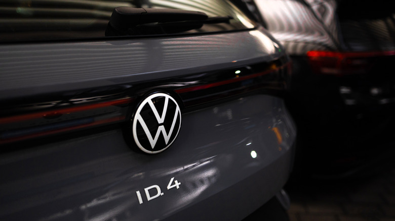 The rear of Volkswagen's ID.4 electric vehicle showing the badge and model