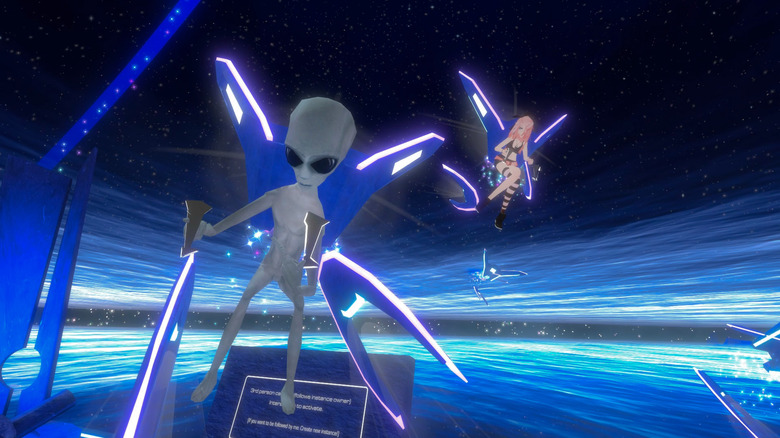 Screenshot from VRChat showing two avatars in a futuristic space setting with blue and white lights.