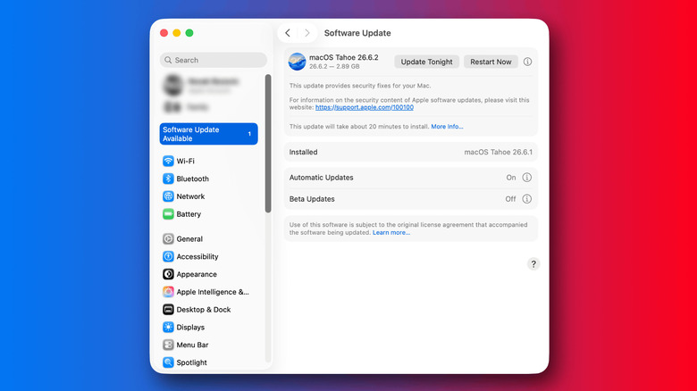 macOS Software Update settings showing an available macOS Tahoe update with options to update or restart.