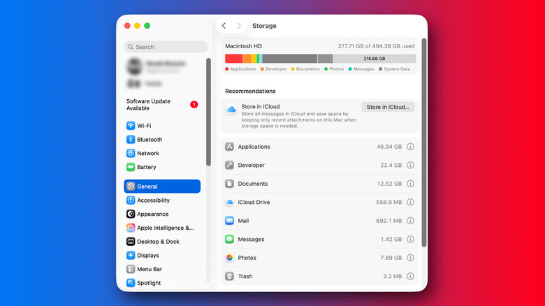 macOS Storage settings showing used and available space, storage categories and recommendations.