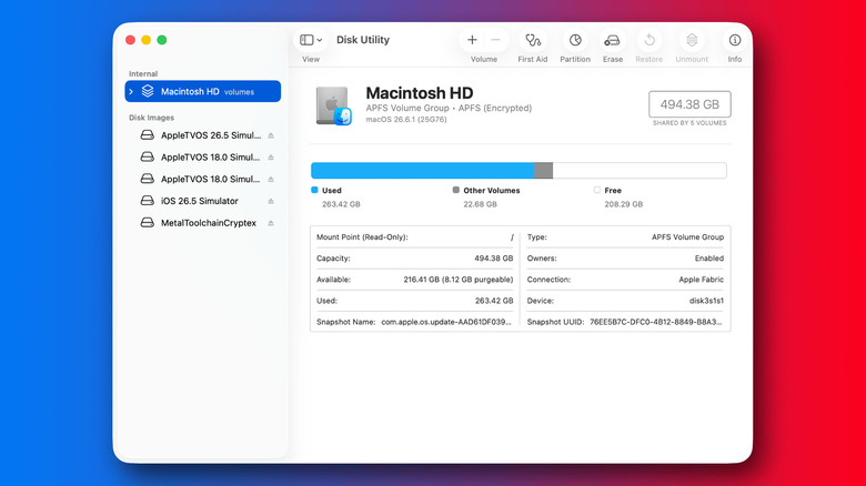 macOS Disk Utility showing the Macintosh HD volume, storage usage and First Aid controls.