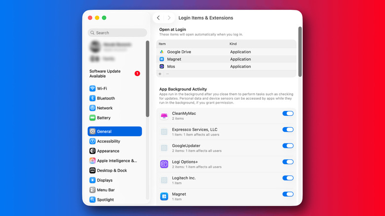 macOS Login Items & Extensions settings showing apps that open at login and apps allowed to run in the background.