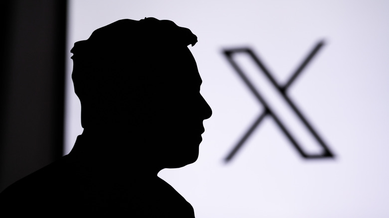A silhouette of Elon Musk in front of the X logo.