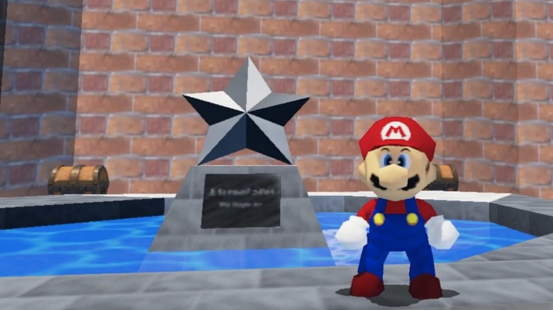 Mario standing near a plaque.