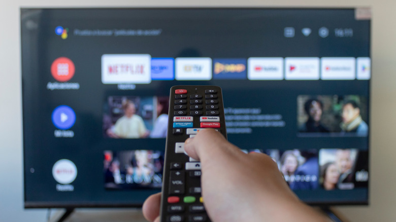 A hand holding a TV remote, pointing at a not-in-focus TV screen showing smart TV apps.