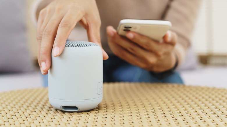 A smartphone and a Bluetooth speaker