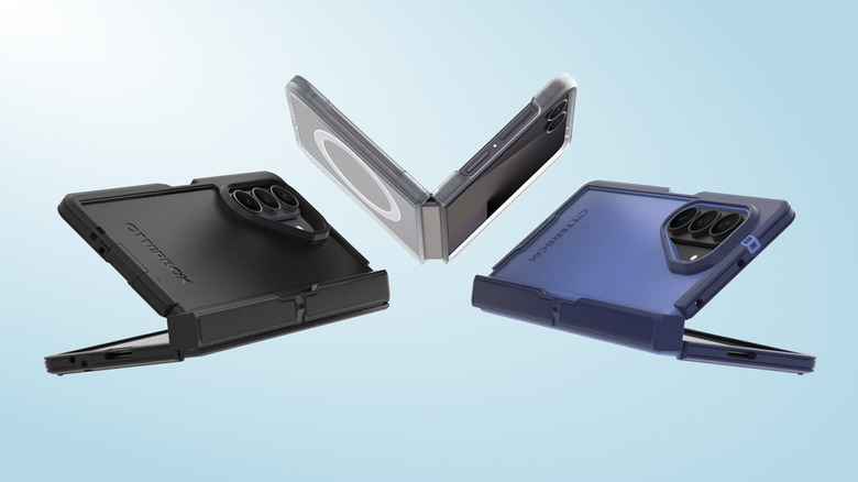 Three Samsung Galaxy Z Fold 8 phones floating in air with Otterbox cases.