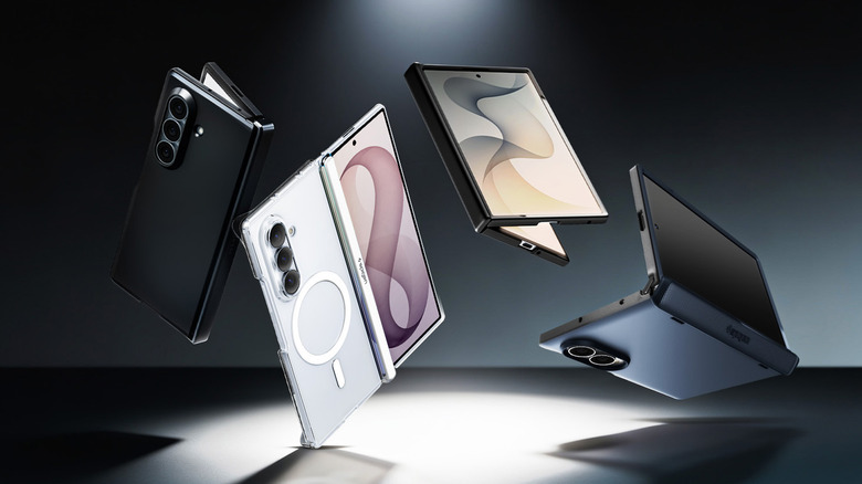 Two Samsung Galaxy Z Fold 8 Ultra and Z Fold 8 phones floating in air, all with Spigen cases.