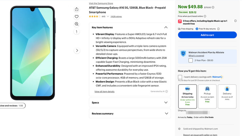 Walmart listing for an AT&T-locked Samsung A16 5G smartphone.
