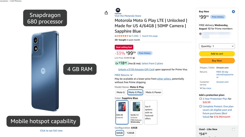 Amazon listing for the 2024 Moto G Play smartphone ($99.99).