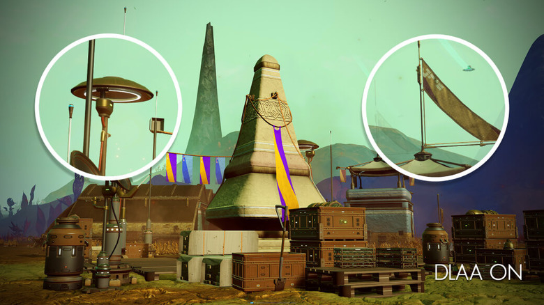 No Man's Sky settlement with two magnified areas and a "DLAA ON" label.