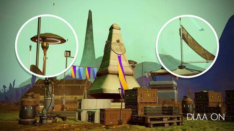 No Man's Sky settlement with two magnified areas and a "DLAA ON" label.