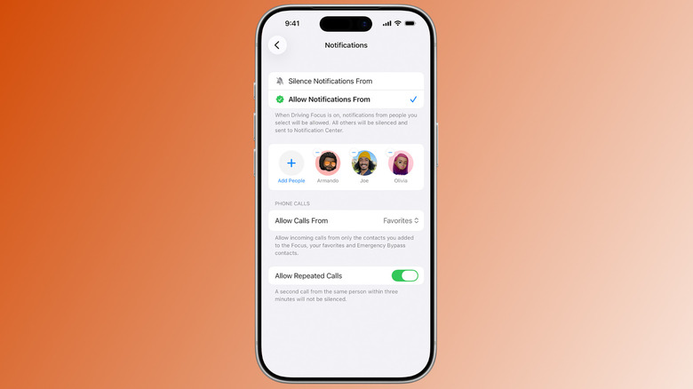 Customizing allowed notifications for the Driving Focus mode on an iPhone.