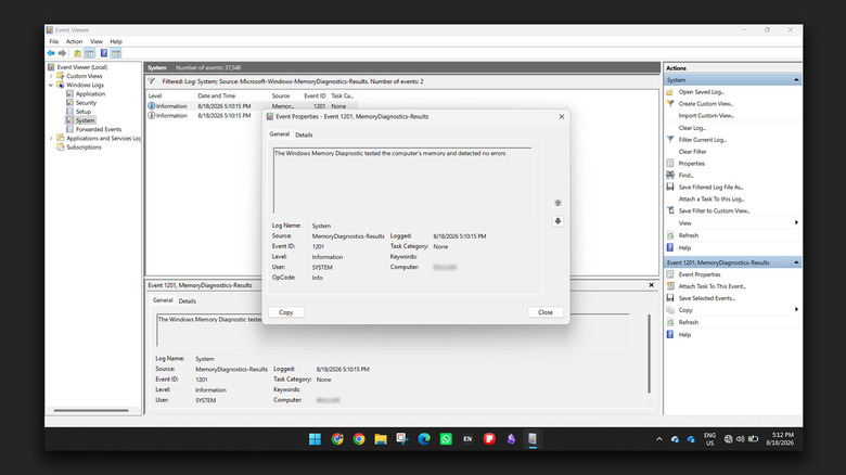 Windows Event Viewer displaying logs for the memory test.