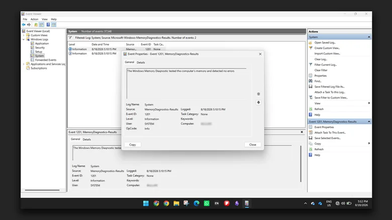 Windows Event Viewer displaying logs for the memory test.