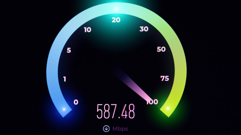 A speedometer showing an internet speed test at 587 Mbps.