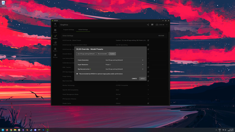 A screenshot of the NVIDIA app, showing how to access the DLSS Preset menu.