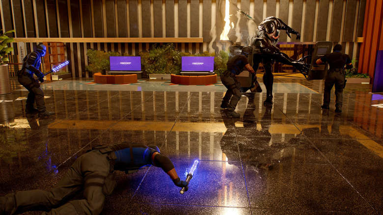 Illustration of ray tracing in Marvel's Spider-Man 2, with guards attempting to fight Venom in a lobby.