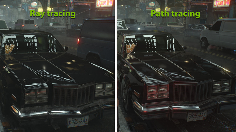 Ray tracing vs. path tracing in Resident Evil Requiem, shown in the reflections on a car.