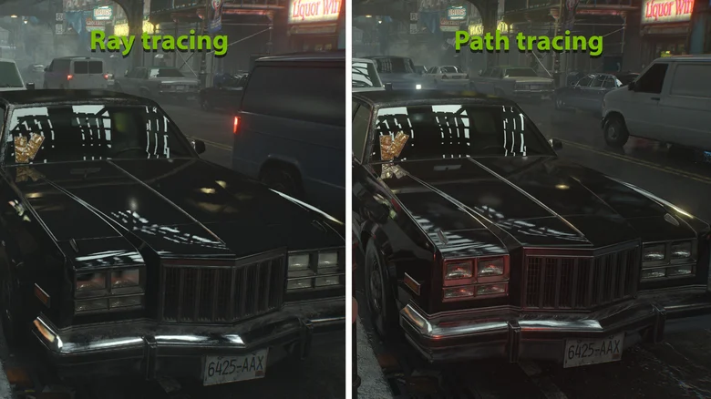 Ray tracing vs. path tracing in Resident Evil Requiem, shown in the reflections on a car.