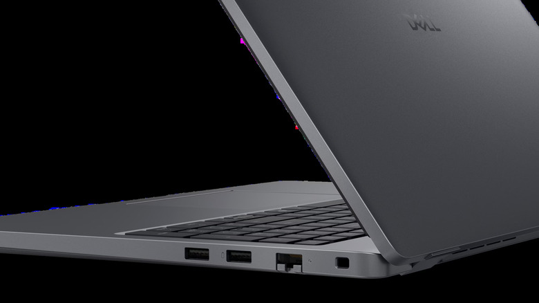 Dell's Pro 16 laptop and its USB ports with a battery symbol next to it