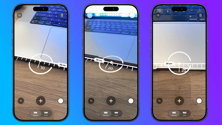 Three iPhone screenshots showing the Measure app measuring the width of a laptop.