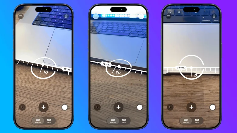 Three iPhone screenshots showing the Measure app measuring the width of a laptop.