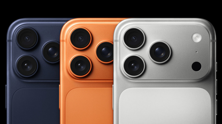 Three iPhone Pro models in blue, orange, and silver showing their rear camera systems and LiDAR Scanners.