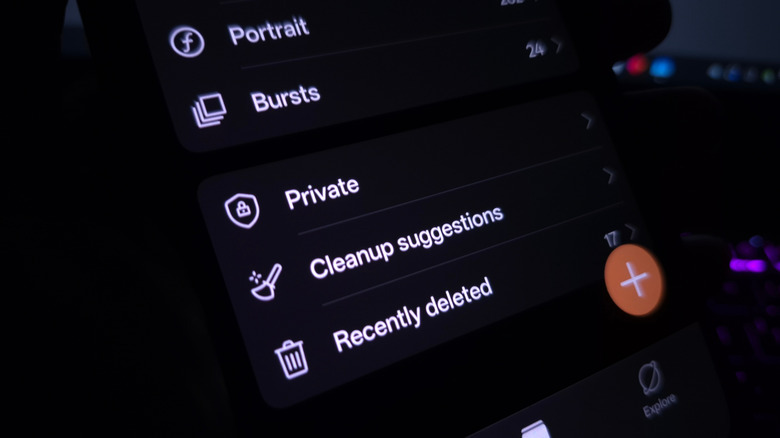 "Recently deleted" and other photo menus on a smartphone.