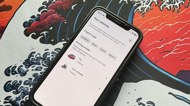 Vehicle engine type settings in Google Maps on an iPhone 12 Pro