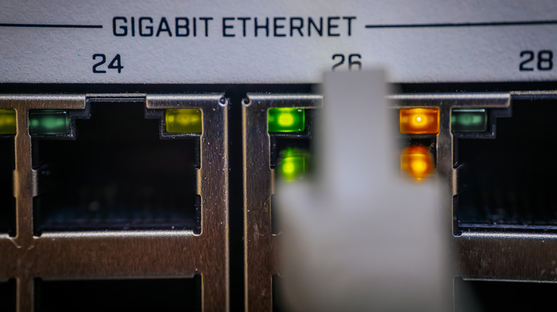Closeup of network switch ports.