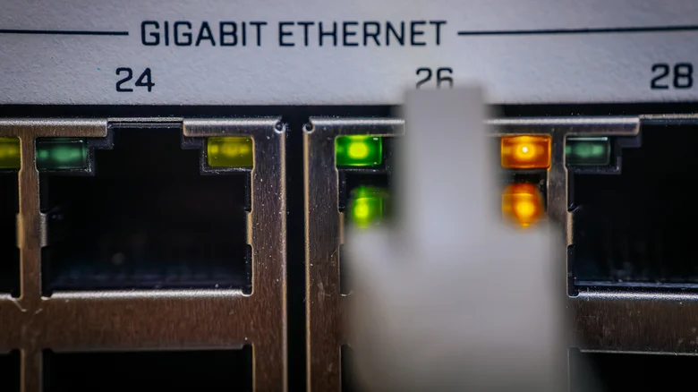 Closeup of network switch ports.