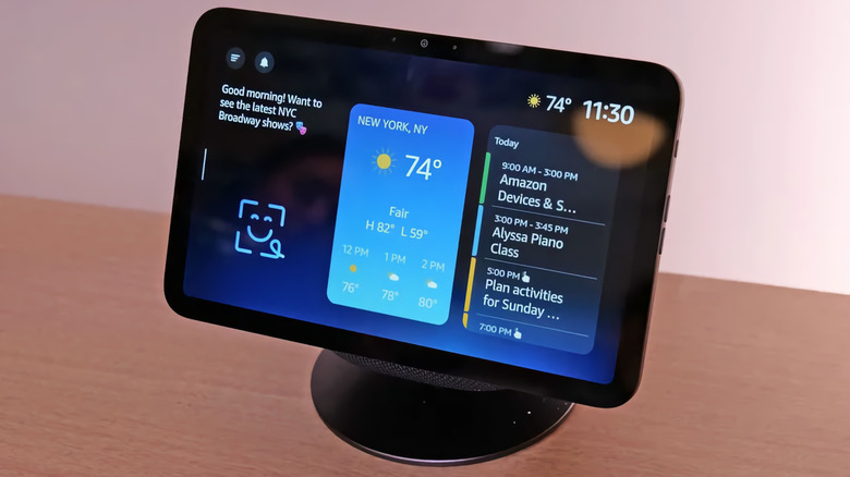 An Amazon Echo Show 8 displaying widgets.