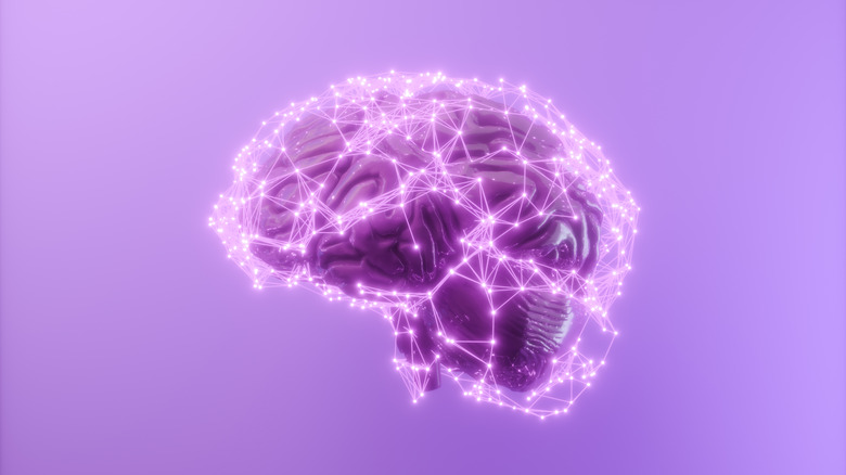 Illustration of a brain surrounded by a network of light points. The color scheme is purple.