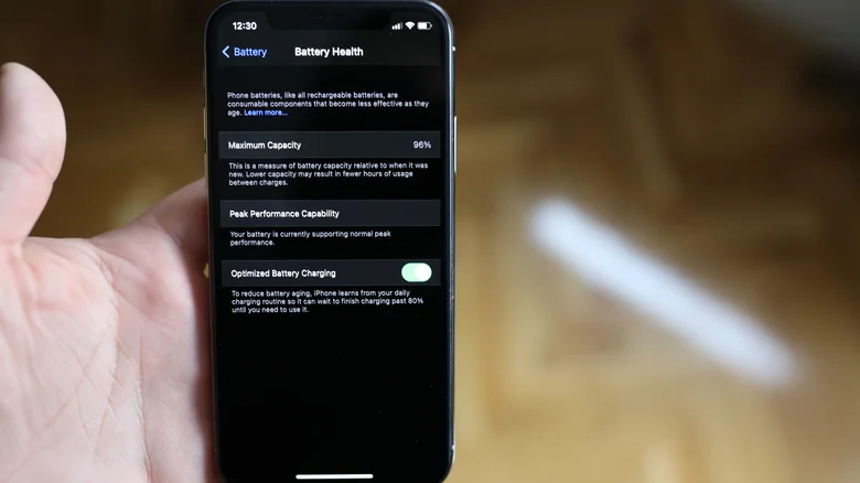 An iPhone showing the battery health menu in Settings.