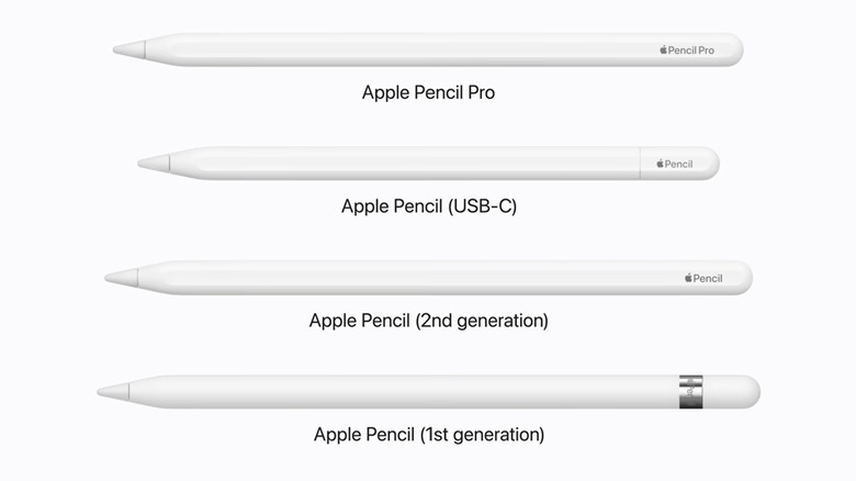 A lineup of four Apple Pencil models, namely the Apple Pencil Pro, Apple Pencil (USB-C), Apple Pencil 2nd generation, and Apple Pencil 1st generation, are lined up against a white background.