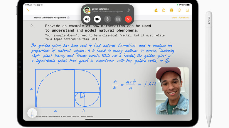 An iPad screen shows a student taking notes on a mathematics phenomenon (the golden spiral) while facetiming a friend in the corner.