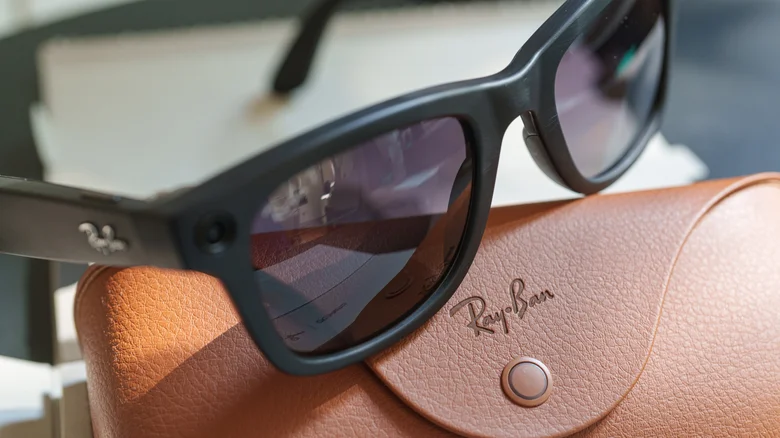Ray-Ban Meta Wayfarer smart glasses resting on the official protective carrying case.