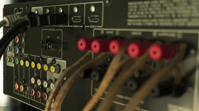 The back of an audio/video receiver for a home theater.