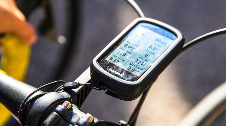 Garmin cycling computer mounted on a bike handle.