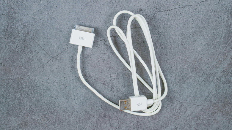 A white Apple 30-pin connectors cable