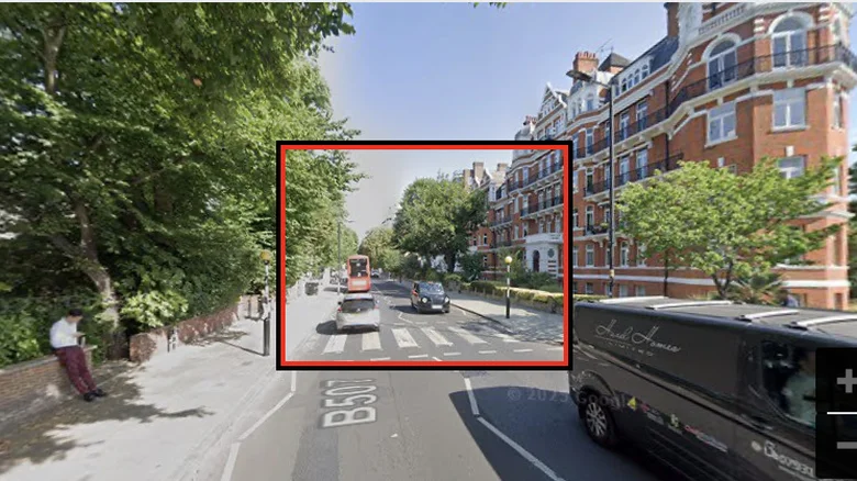 The red box in Google Street View focused on two cars and a bus at Abbey Road zebra crossing.