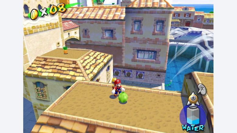 Mario standing atop a building next to a large fruit (Super Mario Sunshine)